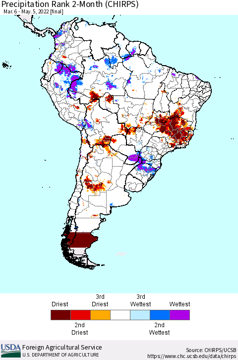 South America Precipitation Rank since 1981, 2-Month (CHIRPS) Thematic Map For 3/6/2022 - 5/5/2022