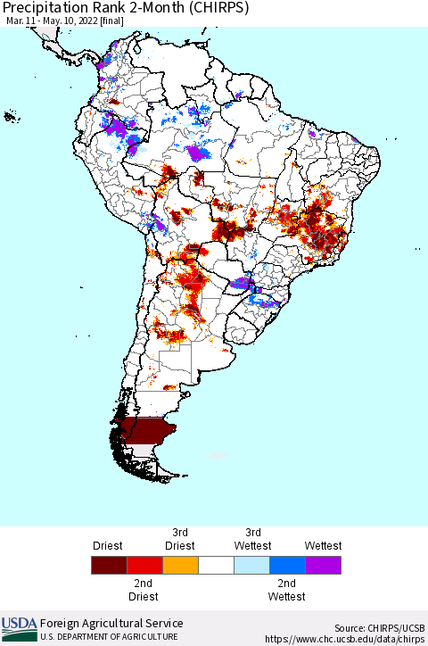 South America Precipitation Rank since 1981, 2-Month (CHIRPS) Thematic Map For 3/11/2022 - 5/10/2022