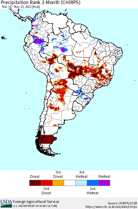 South America Precipitation Rank since 1981, 2-Month (CHIRPS) Thematic Map For 3/16/2022 - 5/15/2022