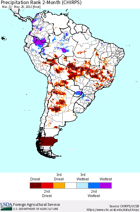 South America Precipitation Rank since 1981, 2-Month (CHIRPS) Thematic Map For 3/21/2022 - 5/20/2022