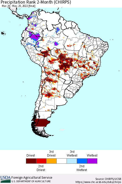 South America Precipitation Rank since 1981, 2-Month (CHIRPS) Thematic Map For 3/26/2022 - 5/25/2022