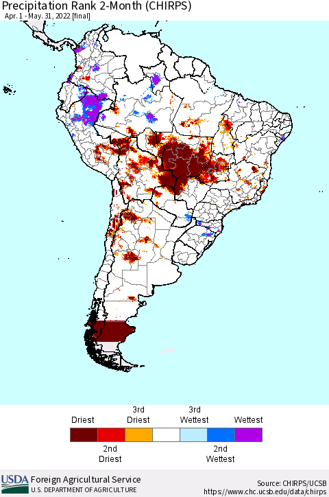 South America Precipitation Rank since 1981, 2-Month (CHIRPS) Thematic Map For 4/1/2022 - 5/31/2022