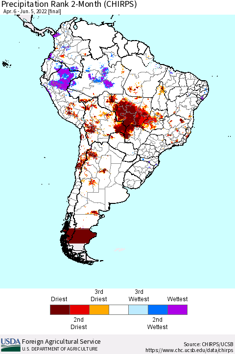 South America Precipitation Rank since 1981, 2-Month (CHIRPS) Thematic Map For 4/6/2022 - 6/5/2022