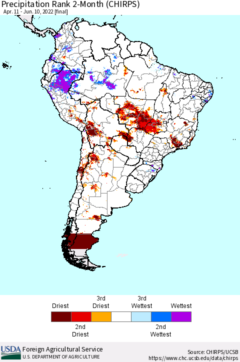 South America Precipitation Rank since 1981, 2-Month (CHIRPS) Thematic Map For 4/11/2022 - 6/10/2022