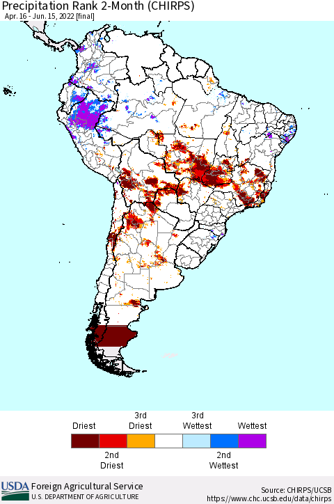 South America Precipitation Rank since 1981, 2-Month (CHIRPS) Thematic Map For 4/16/2022 - 6/15/2022