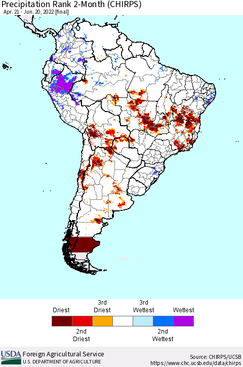 South America Precipitation Rank since 1981, 2-Month (CHIRPS) Thematic Map For 4/21/2022 - 6/20/2022