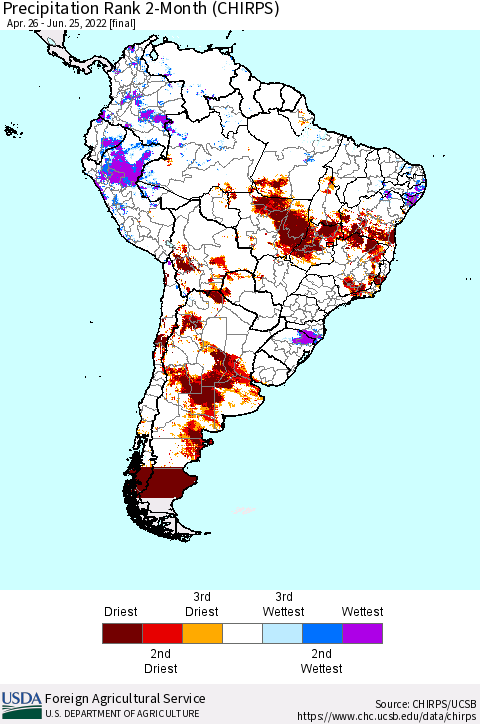 South America Precipitation Rank since 1981, 2-Month (CHIRPS) Thematic Map For 4/26/2022 - 6/25/2022