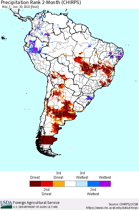 South America Precipitation Rank since 1981, 2-Month (CHIRPS) Thematic Map For 5/1/2022 - 6/30/2022
