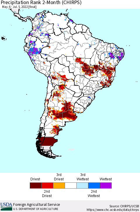 South America Precipitation Rank since 1981, 2-Month (CHIRPS) Thematic Map For 5/6/2022 - 7/5/2022