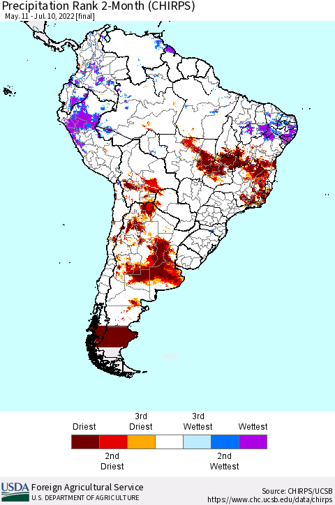 South America Precipitation Rank since 1981, 2-Month (CHIRPS) Thematic Map For 5/11/2022 - 7/10/2022