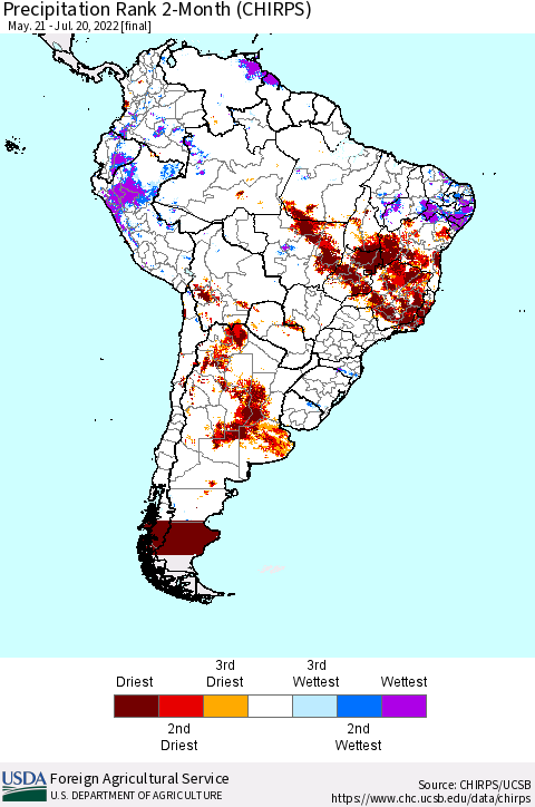 South America Precipitation Rank since 1981, 2-Month (CHIRPS) Thematic Map For 5/21/2022 - 7/20/2022