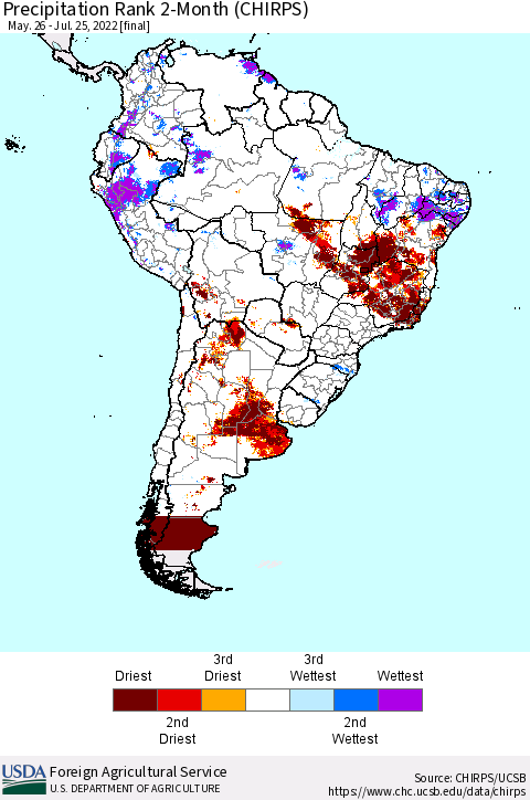 South America Precipitation Rank since 1981, 2-Month (CHIRPS) Thematic Map For 5/26/2022 - 7/25/2022