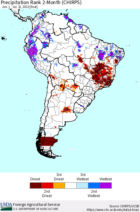 South America Precipitation Rank since 1981, 2-Month (CHIRPS) Thematic Map For 6/1/2022 - 7/31/2022