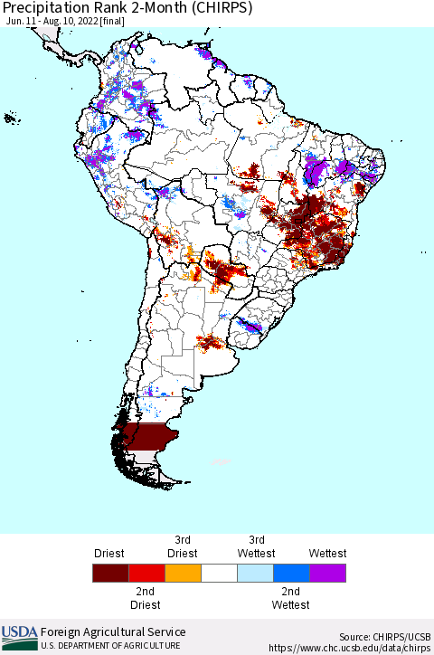 South America Precipitation Rank since 1981, 2-Month (CHIRPS) Thematic Map For 6/11/2022 - 8/10/2022
