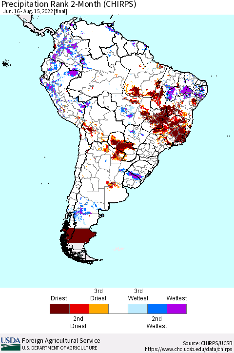 South America Precipitation Rank since 1981, 2-Month (CHIRPS) Thematic Map For 6/16/2022 - 8/15/2022