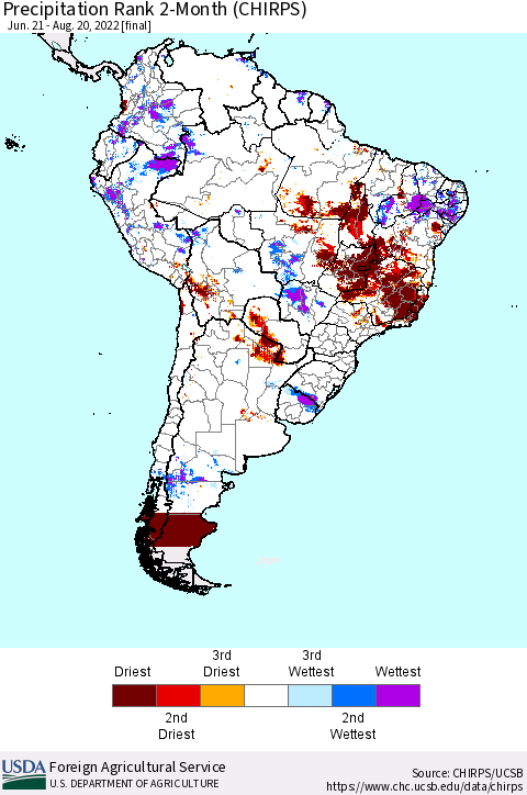 South America Precipitation Rank since 1981, 2-Month (CHIRPS) Thematic Map For 6/21/2022 - 8/20/2022