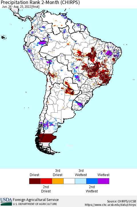 South America Precipitation Rank since 1981, 2-Month (CHIRPS) Thematic Map For 6/26/2022 - 8/25/2022