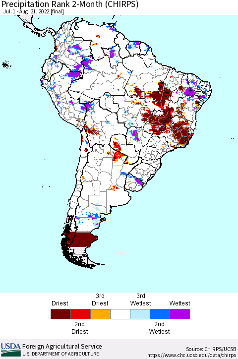 South America Precipitation Rank since 1981, 2-Month (CHIRPS) Thematic Map For 7/1/2022 - 8/31/2022
