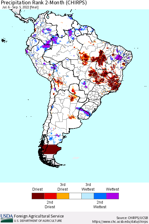 South America Precipitation Rank since 1981, 2-Month (CHIRPS) Thematic Map For 7/6/2022 - 9/5/2022