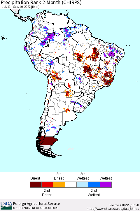 South America Precipitation Rank since 1981, 2-Month (CHIRPS) Thematic Map For 7/11/2022 - 9/10/2022