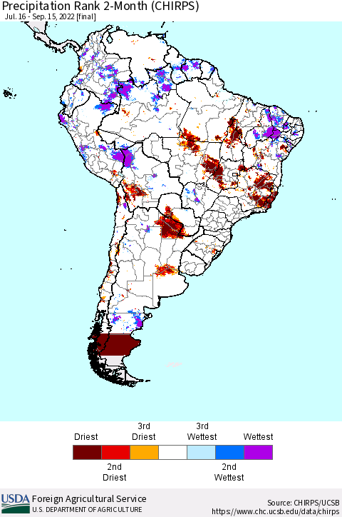 South America Precipitation Rank since 1981, 2-Month (CHIRPS) Thematic Map For 7/16/2022 - 9/15/2022