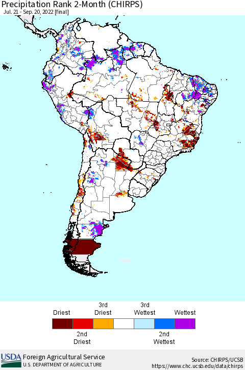 South America Precipitation Rank since 1981, 2-Month (CHIRPS) Thematic Map For 7/21/2022 - 9/20/2022