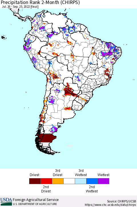 South America Precipitation Rank since 1981, 2-Month (CHIRPS) Thematic Map For 7/26/2022 - 9/25/2022