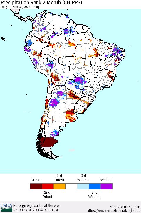 South America Precipitation Rank since 1981, 2-Month (CHIRPS) Thematic Map For 8/1/2022 - 9/30/2022