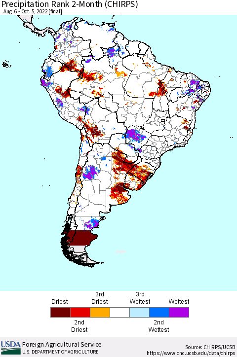 South America Precipitation Rank since 1981, 2-Month (CHIRPS) Thematic Map For 8/6/2022 - 10/5/2022