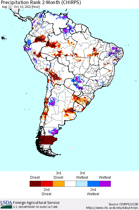 South America Precipitation Rank since 1981, 2-Month (CHIRPS) Thematic Map For 8/11/2022 - 10/10/2022