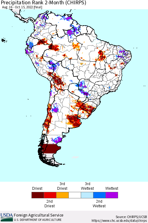 South America Precipitation Rank since 1981, 2-Month (CHIRPS) Thematic Map For 8/16/2022 - 10/15/2022