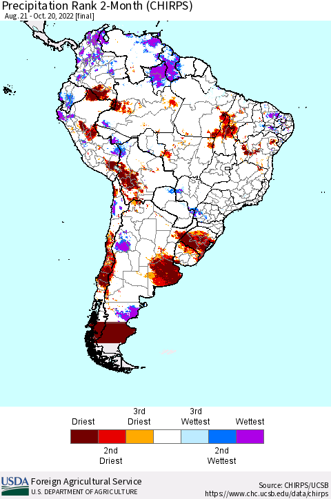 South America Precipitation Rank since 1981, 2-Month (CHIRPS) Thematic Map For 8/21/2022 - 10/20/2022