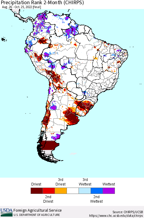 South America Precipitation Rank since 1981, 2-Month (CHIRPS) Thematic Map For 8/26/2022 - 10/25/2022