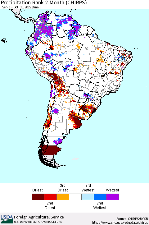 South America Precipitation Rank since 1981, 2-Month (CHIRPS) Thematic Map For 9/1/2022 - 10/31/2022