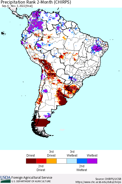 South America Precipitation Rank since 1981, 2-Month (CHIRPS) Thematic Map For 9/6/2022 - 11/5/2022