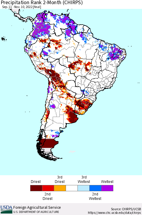 South America Precipitation Rank since 1981, 2-Month (CHIRPS) Thematic Map For 9/11/2022 - 11/10/2022