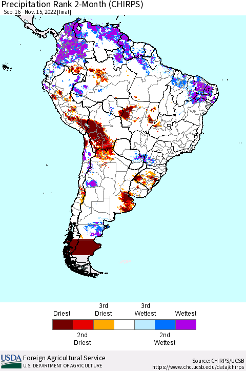 South America Precipitation Rank since 1981, 2-Month (CHIRPS) Thematic Map For 9/16/2022 - 11/15/2022