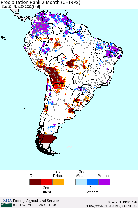 South America Precipitation Rank since 1981, 2-Month (CHIRPS) Thematic Map For 9/21/2022 - 11/20/2022