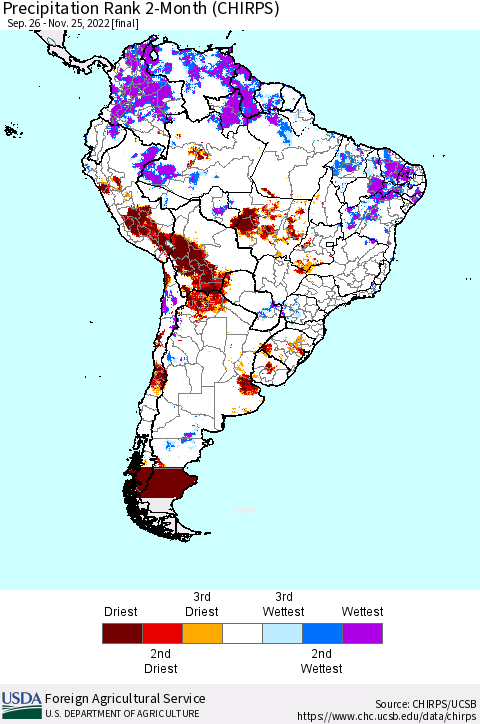 South America Precipitation Rank since 1981, 2-Month (CHIRPS) Thematic Map For 9/26/2022 - 11/25/2022