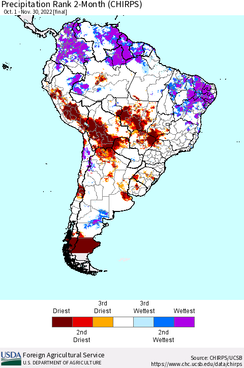 South America Precipitation Rank since 1981, 2-Month (CHIRPS) Thematic Map For 10/1/2022 - 11/30/2022