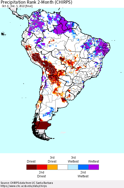 South America Precipitation Rank since 1981, 2-Month (CHIRPS) Thematic Map For 10/6/2022 - 12/5/2022