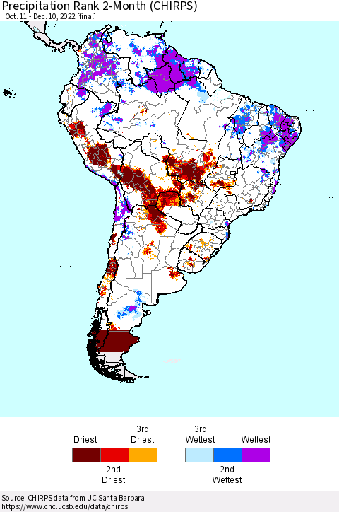 South America Precipitation Rank since 1981, 2-Month (CHIRPS) Thematic Map For 10/11/2022 - 12/10/2022