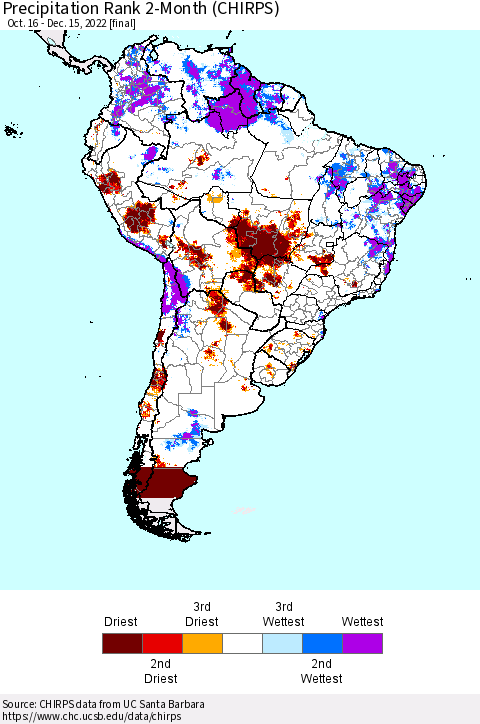 South America Precipitation Rank since 1981, 2-Month (CHIRPS) Thematic Map For 10/16/2022 - 12/15/2022