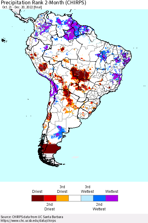 South America Precipitation Rank since 1981, 2-Month (CHIRPS) Thematic Map For 10/21/2022 - 12/20/2022