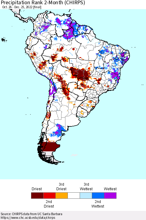 South America Precipitation Rank since 1981, 2-Month (CHIRPS) Thematic Map For 10/26/2022 - 12/25/2022