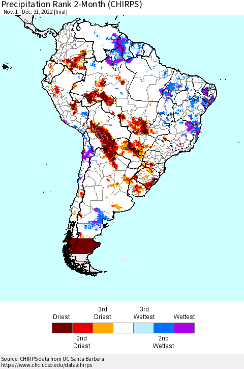 South America Precipitation Rank since 1981, 2-Month (CHIRPS) Thematic Map For 11/1/2022 - 12/31/2022