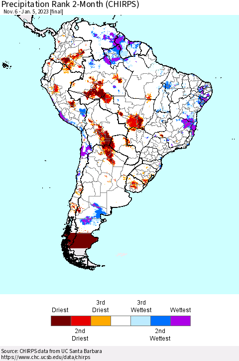 South America Precipitation Rank since 1981, 2-Month (CHIRPS) Thematic Map For 11/6/2022 - 1/5/2023