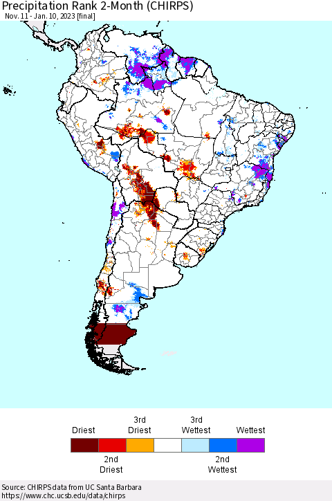 South America Precipitation Rank since 1981, 2-Month (CHIRPS) Thematic Map For 11/11/2022 - 1/10/2023