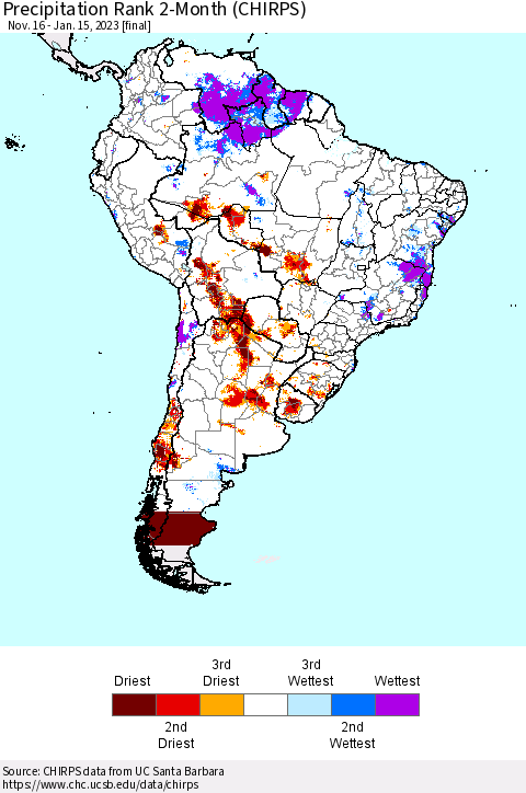 South America Precipitation Rank since 1981, 2-Month (CHIRPS) Thematic Map For 11/16/2022 - 1/15/2023