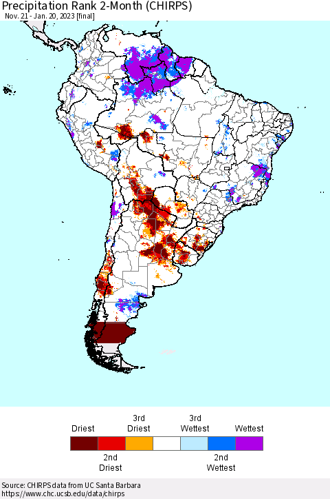 South America Precipitation Rank since 1981, 2-Month (CHIRPS) Thematic Map For 11/21/2022 - 1/20/2023